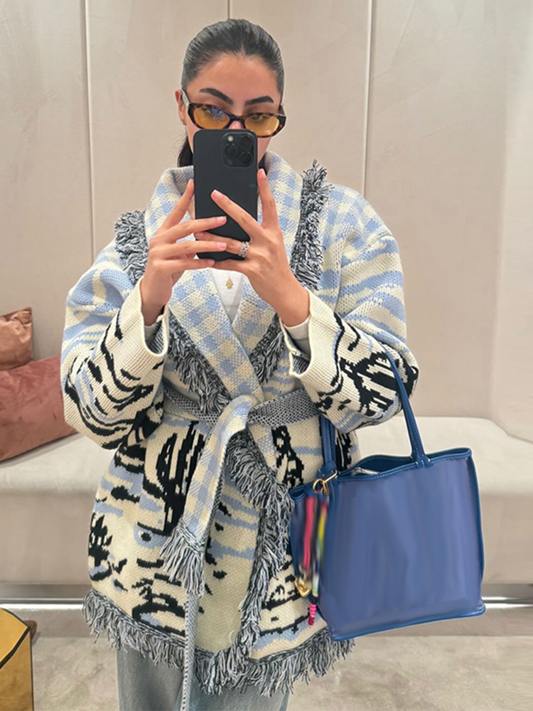 Tassel Fringe Trim - Damski kardigan z dzianiny z nadrukiem